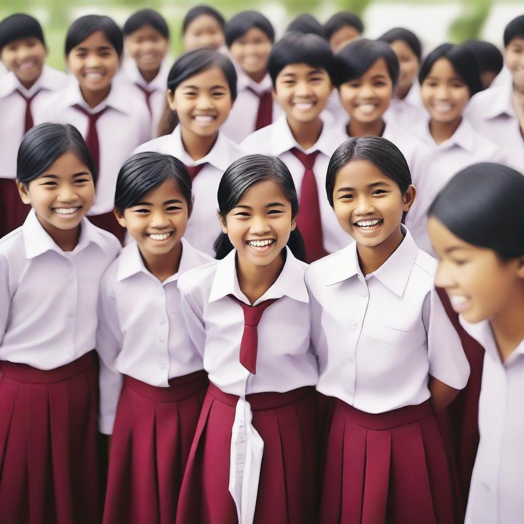 A vibrant digital art image showcasing Indonesian school students in their distinct uniforms, in a typical school setting