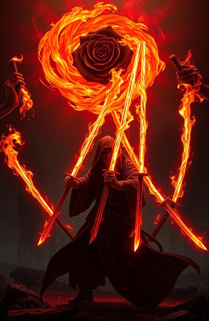 A thrilling scene set in a dark, atmospheric environment, featuring a mysterious figure wielding seven glowing katanas, each surrounded by swirling flames