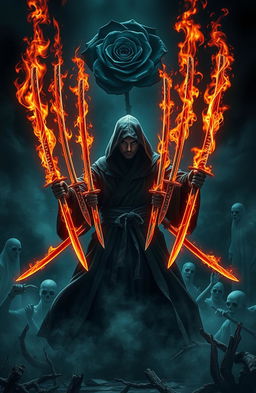 A thrilling scene set in a dark, atmospheric environment, featuring a mysterious figure wielding seven glowing katanas, each surrounded by swirling flames