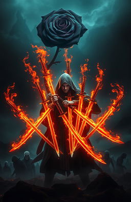 A thrilling scene set in a dark, atmospheric environment, featuring a mysterious figure wielding seven glowing katanas, each surrounded by swirling flames