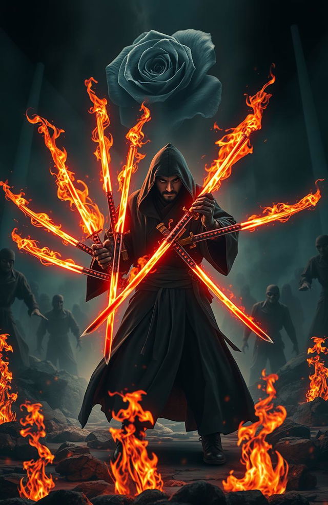 A thrilling scene set in a dark, atmospheric environment, featuring a mysterious figure wielding seven glowing katanas, each surrounded by swirling flames