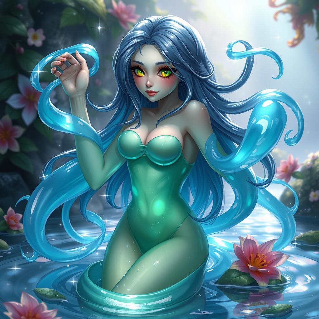 A seductive slime girl in an enchanting fantasy setting, her translucent body reflecting shades of blue and green, with playful tendrils extending in various directions