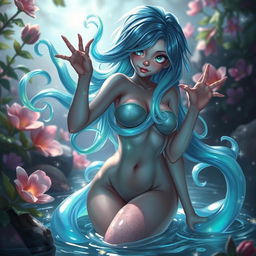 A seductive slime girl in an enchanting fantasy setting, her translucent body reflecting shades of blue and green, with playful tendrils extending in various directions