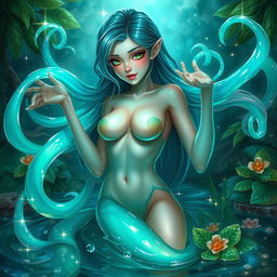 A seductive slime girl in an enchanting fantasy setting, her translucent body reflecting shades of blue and green, with playful tendrils extending in various directions