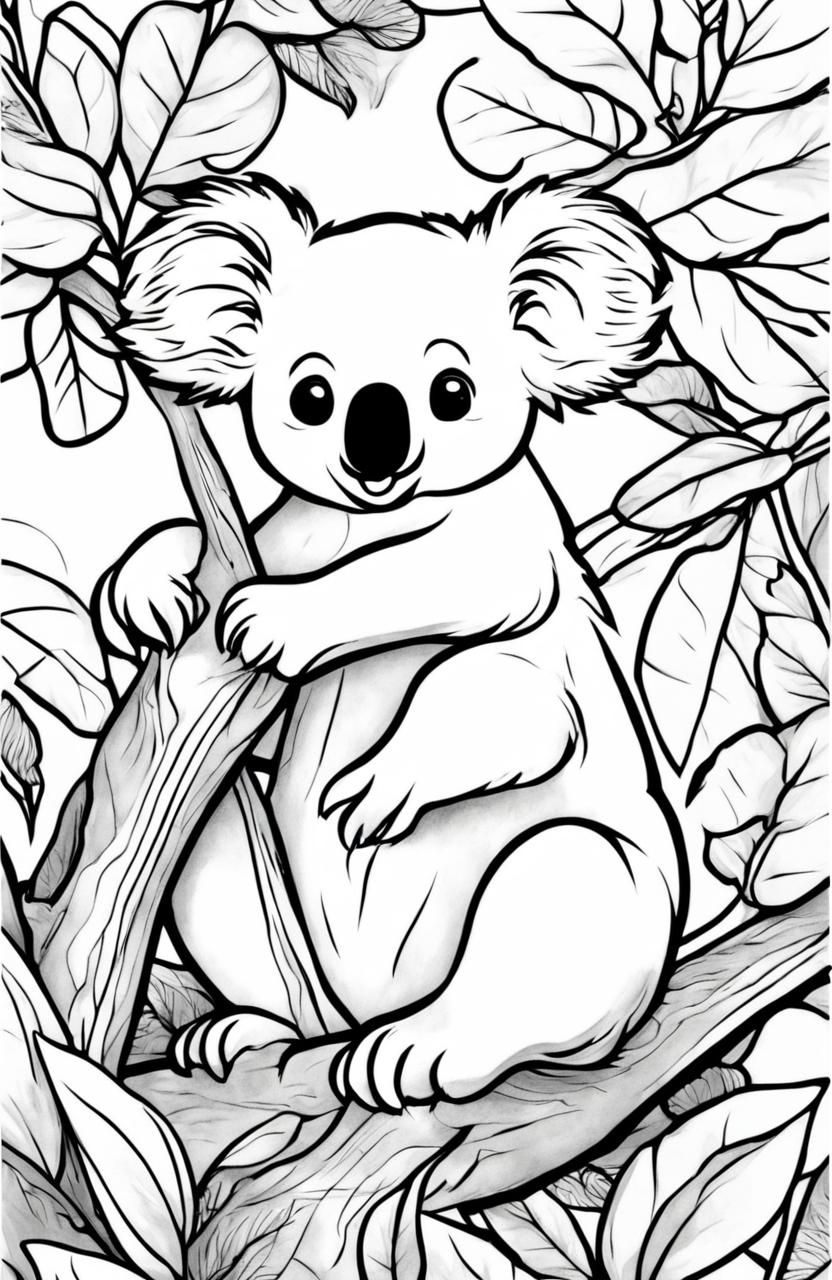 This is a black and white digital art of an adorable koala, ready to be colored