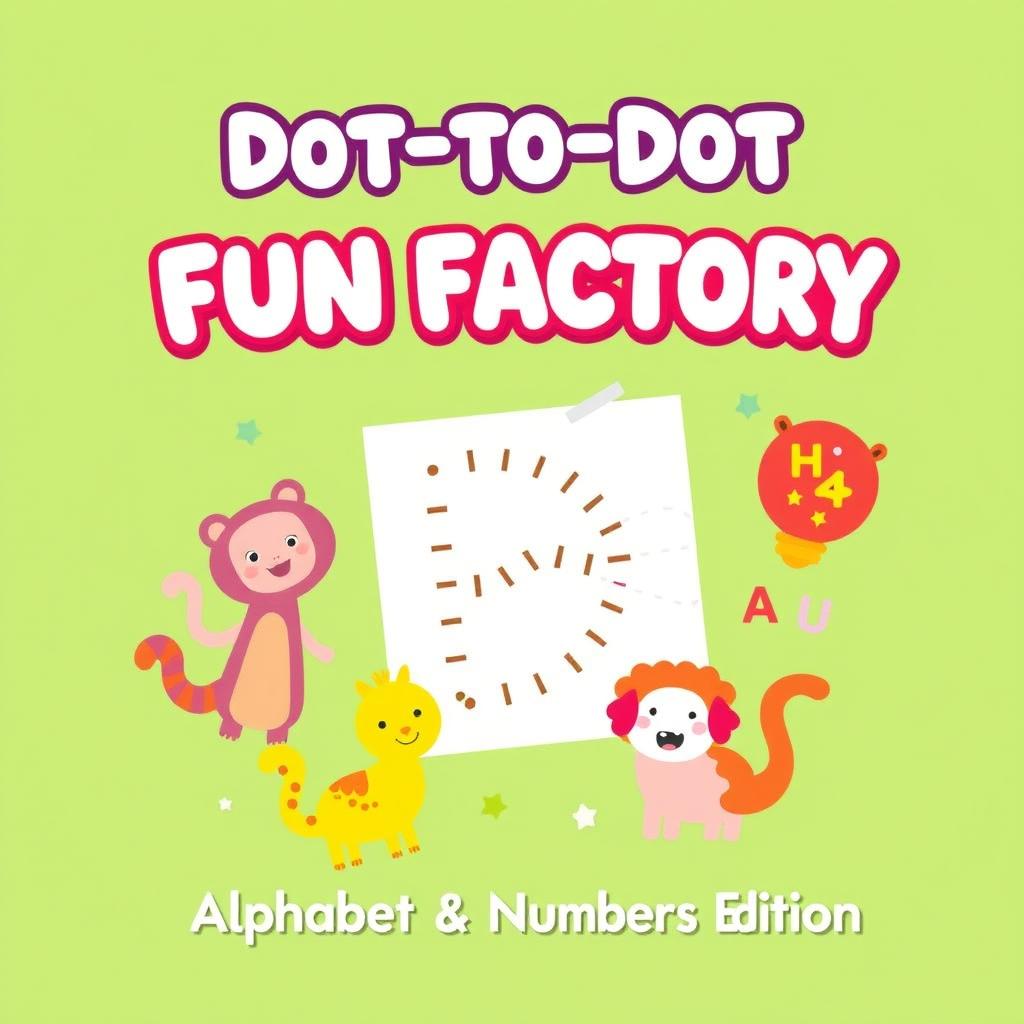 Create a vibrant and engaging cover design for 'Dot-to-Dot Fun Factory: Alphabet & Numbers Edition', specifically aimed at kids ages 2-6