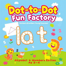 Create a vibrant and engaging cover design for 'Dot-to-Dot Fun Factory: Alphabet & Numbers Edition', specifically aimed at kids ages 2-6
