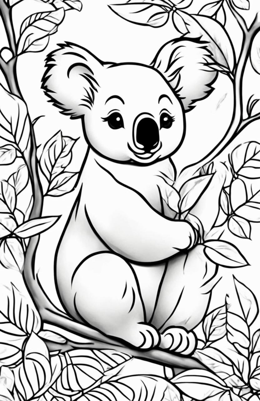 This is a black and white digital art of an adorable koala, ready to be colored