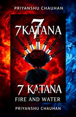 A captivating book cover design for a thriller titled '7 Katana: Fire and Water' by Priyanshu Chauhan