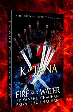 A captivating book cover design for a thriller titled '7 Katana: Fire and Water' by Priyanshu Chauhan