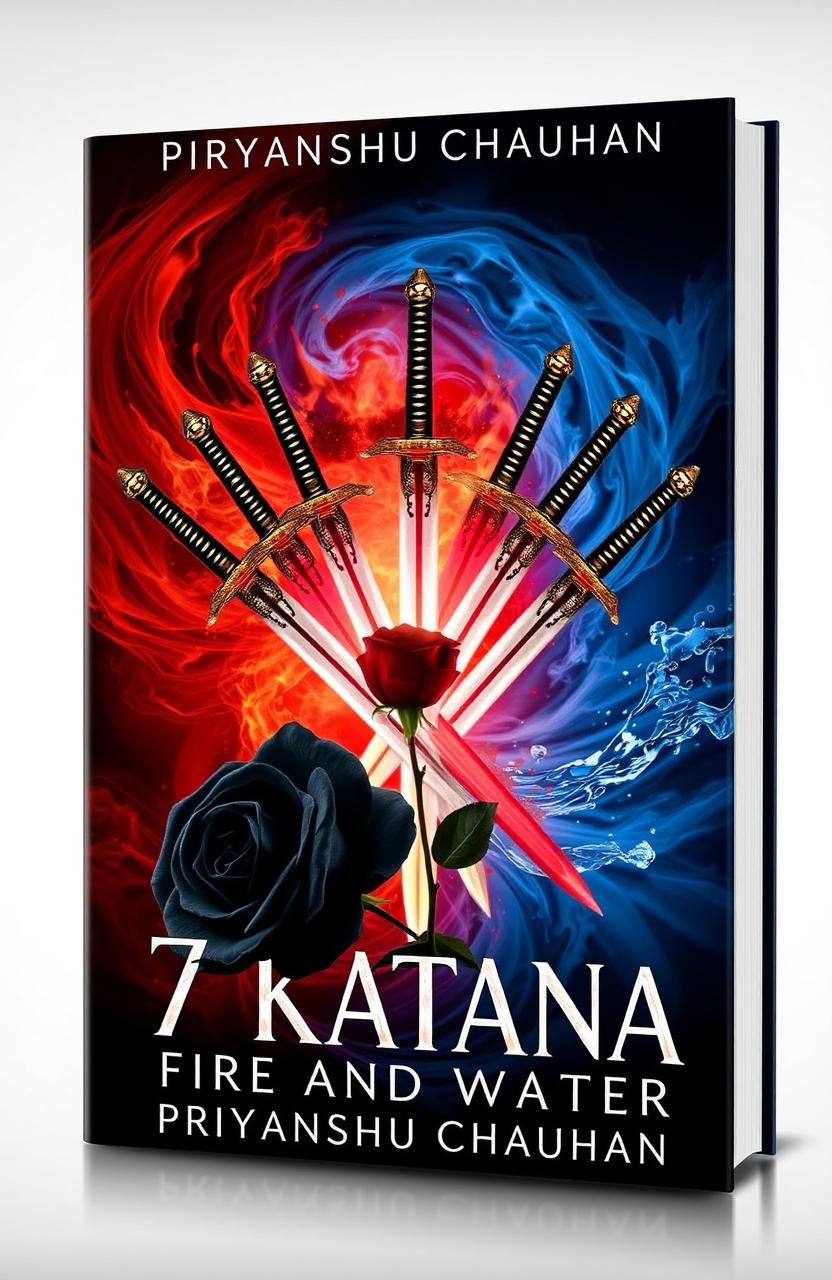 A captivating book cover design for a thriller titled '7 Katana: Fire and Water' by Priyanshu Chauhan