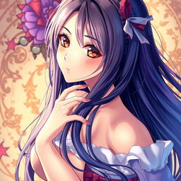 A highly detailed and artistic illustration of an anime-inspired character in a sensual pose, featuring vibrant colors and intricate background elements
