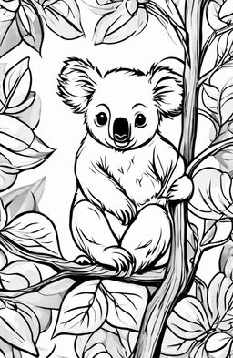 This is a black and white digital art of an adorable koala, ready to be colored