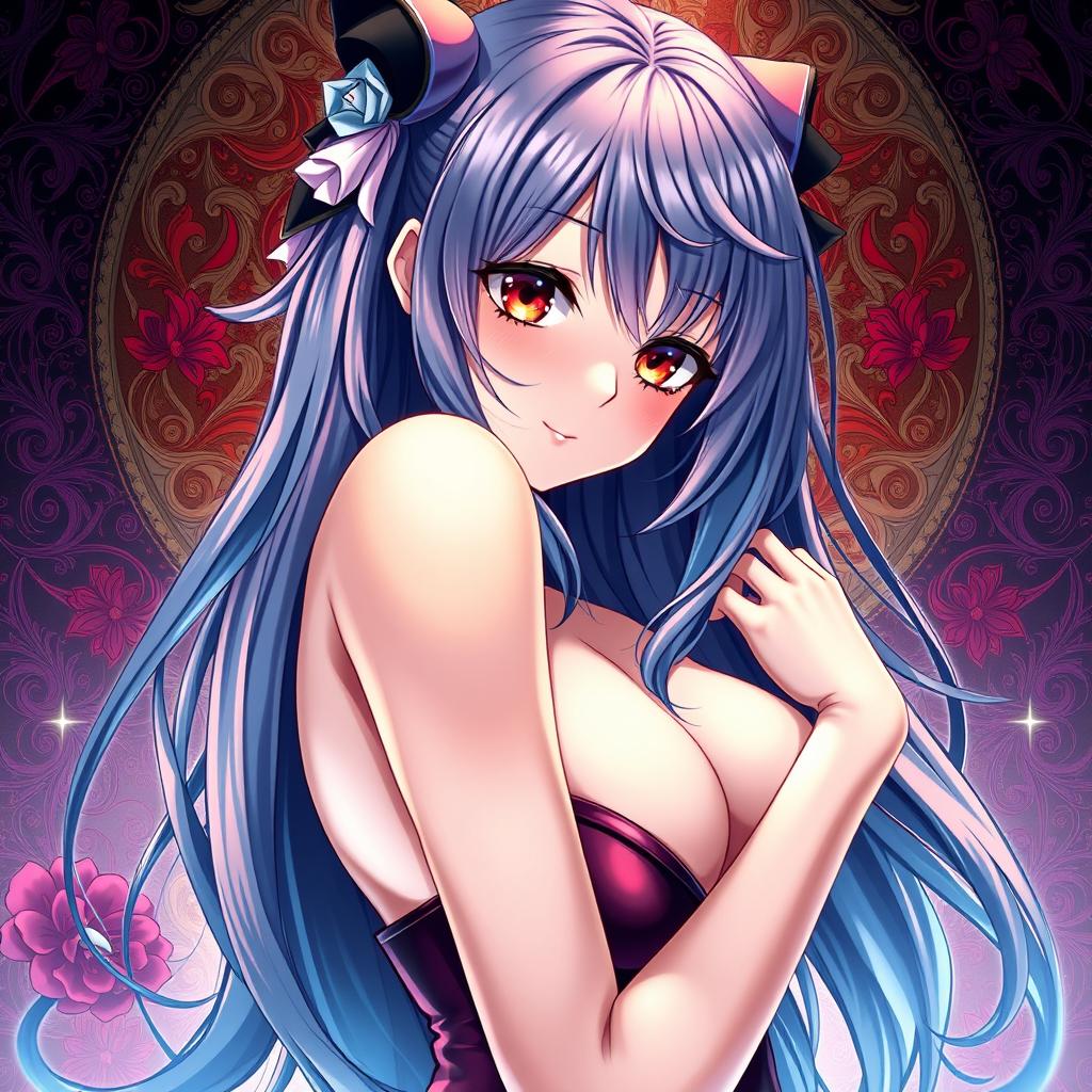 A highly detailed and artistic illustration of an anime-inspired character in a sensual pose, featuring vibrant colors and intricate background elements