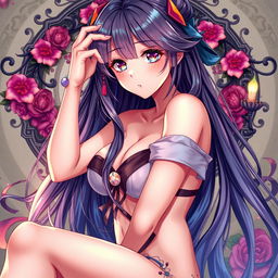 A highly detailed and artistic illustration of an anime-inspired character in a sensual pose, featuring vibrant colors and intricate background elements