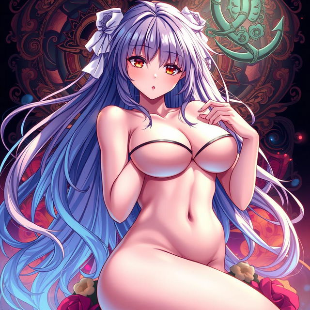 A highly detailed and artistic illustration of an anime-inspired character in a sensual pose, featuring vibrant colors and intricate background elements