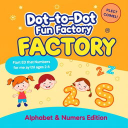Create a vibrant and engaging cover for 'Dot-to-Dot Fun Factory: Alphabet & Numbers Edition', specifically designed for kids ages 2-6
