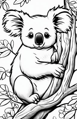 This is a black and white digital art of an adorable koala, ready to be colored