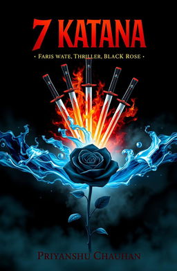 A thrilling book cover design for "7 Katana: Fire, Water, Thriller, Black Rose" by Priyanshu Chauhan