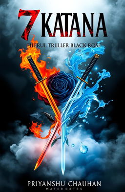 A thrilling book cover design for "7 Katana: Fire, Water, Thriller, Black Rose" by Priyanshu Chauhan