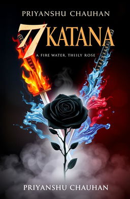 A thrilling book cover design for "7 Katana: Fire, Water, Thriller, Black Rose" by Priyanshu Chauhan