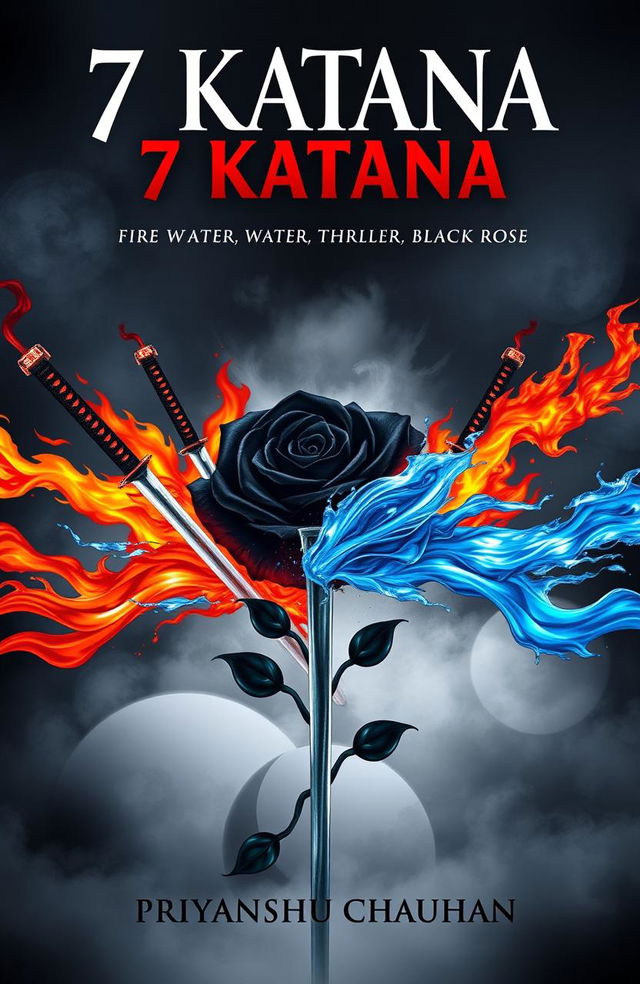 A thrilling book cover design for "7 Katana: Fire, Water, Thriller, Black Rose" by Priyanshu Chauhan