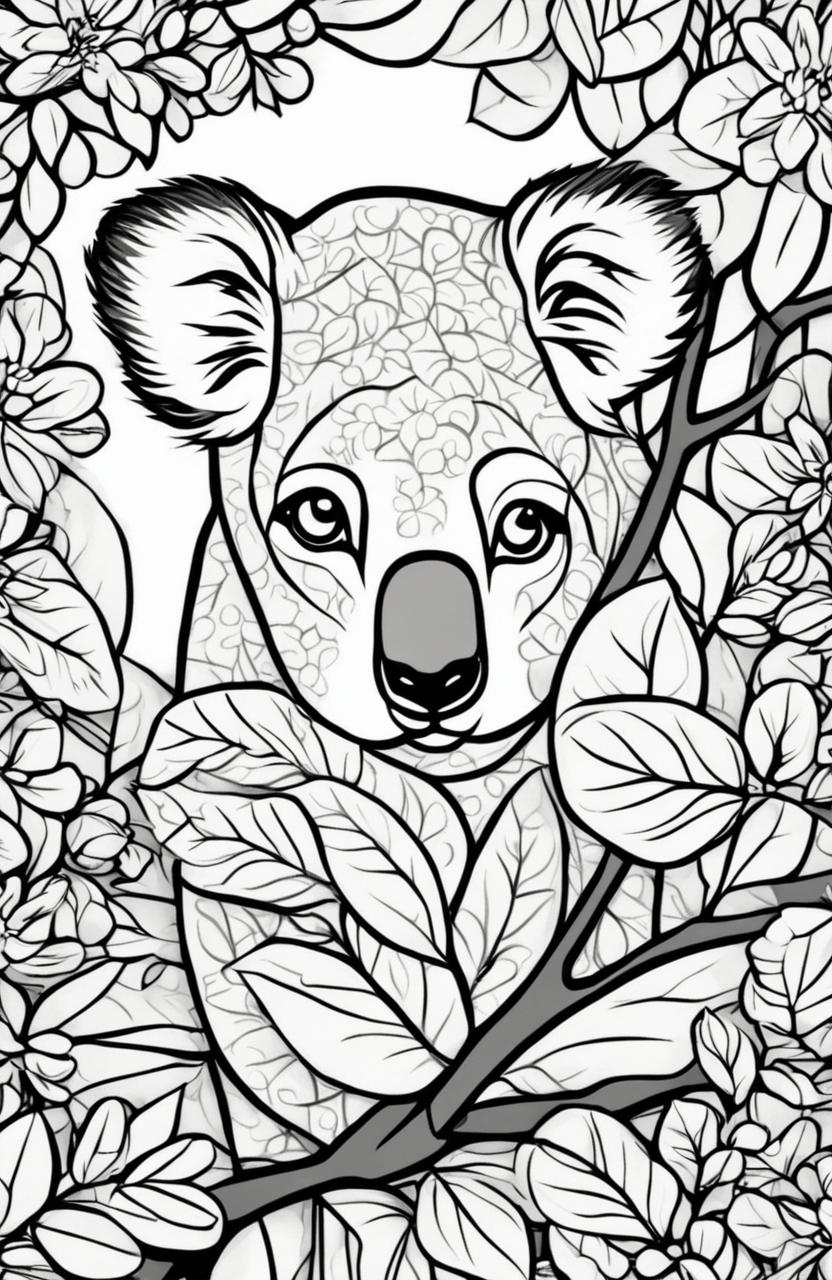 An even cuter koala is featured in this black and white digital art coloring page, inspired by the style of Wes Anderson