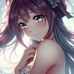 A highly detailed and artistic portrayal of an anime character, emphasizing aesthetic features while maintaining a playful and suggestive atmosphere