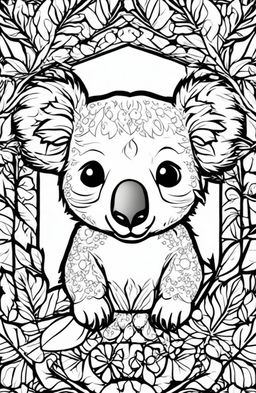 An even cuter koala is featured in this black and white digital art coloring page, inspired by the style of Wes Anderson