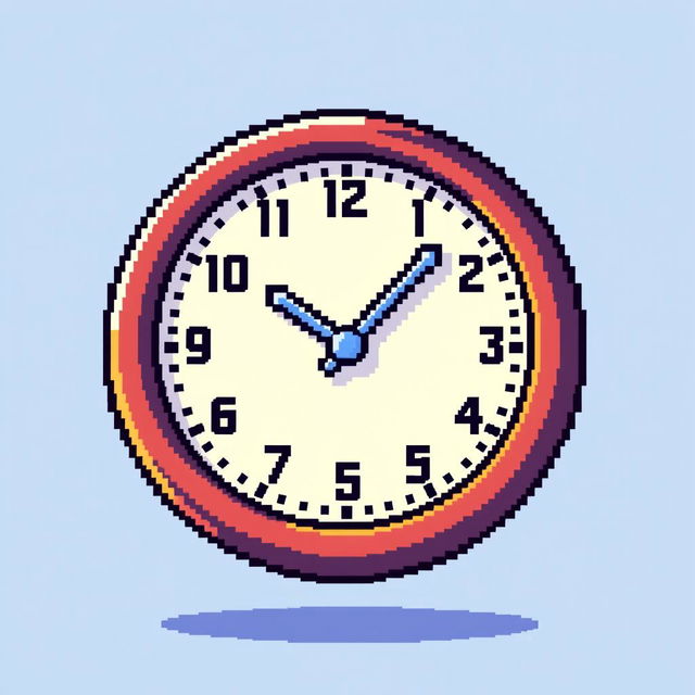 A pixel art clock showing the time at 12:00, with bold pixelated hands pointing straight up at the 12