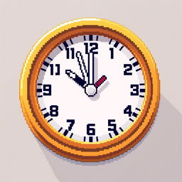 A pixel art clock showing the time at 12:00, with bold pixelated hands pointing straight up at the 12