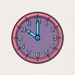A pixel art clock showing the time at 12:00, with bold pixelated hands pointing straight up at the 12