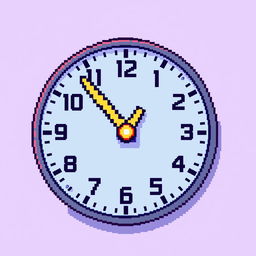 A pixel art clock showing the time at 12:00, with bold pixelated hands pointing straight up at the 12