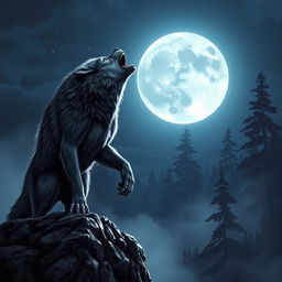 A majestic werewolf standing on a rocky cliff under a full moon, howling at the shimmering sky