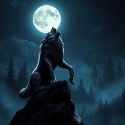 A majestic werewolf standing on a rocky cliff under a full moon, howling at the shimmering sky