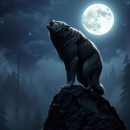 A majestic werewolf standing on a rocky cliff under a full moon, howling at the shimmering sky