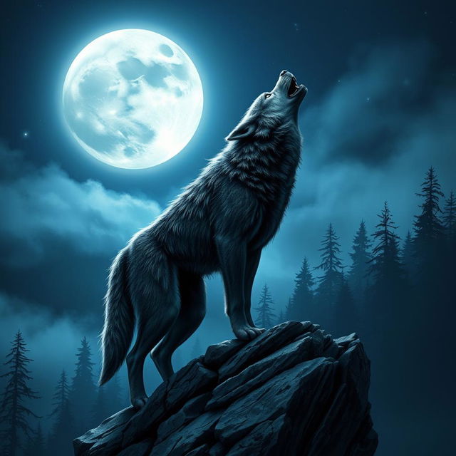 A majestic werewolf standing on a rocky cliff under a full moon, howling at the shimmering sky