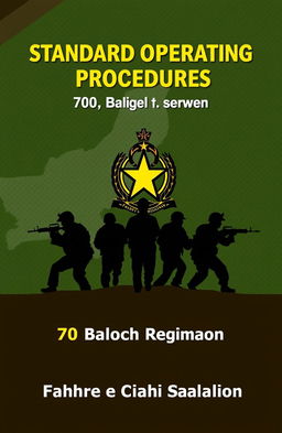 A military-themed book cover designed for the Standard Operating Procedures (SOPs) used in the 70 Baloch Regiment infantry battalion, also known as Fakhre e Chaghi Battalion