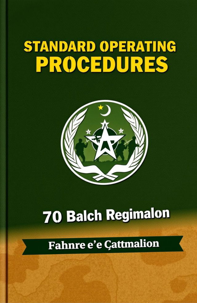 A military-themed book cover designed for the Standard Operating Procedures (SOPs) used in the 70 Baloch Regiment infantry battalion, also known as Fakhre e Chaghi Battalion