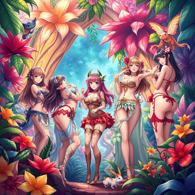 A vibrant and colorful fantasy scene depicting beautiful, curvaceous anime characters in a lush, otherworldly setting, surrounded by exotic plants and magical creatures