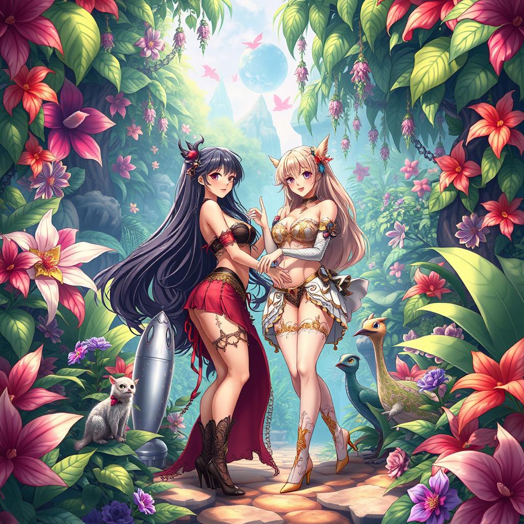 A vibrant and colorful fantasy scene depicting beautiful, curvaceous anime characters in a lush, otherworldly setting, surrounded by exotic plants and magical creatures