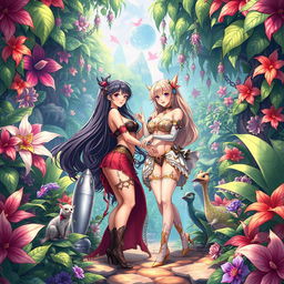 A vibrant and colorful fantasy scene depicting beautiful, curvaceous anime characters in a lush, otherworldly setting, surrounded by exotic plants and magical creatures