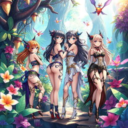 A vibrant and colorful fantasy scene depicting beautiful, curvaceous anime characters in a lush, otherworldly setting, surrounded by exotic plants and magical creatures