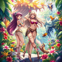 A vibrant and colorful fantasy scene depicting beautiful, curvaceous anime characters in a lush, otherworldly setting, surrounded by exotic plants and magical creatures