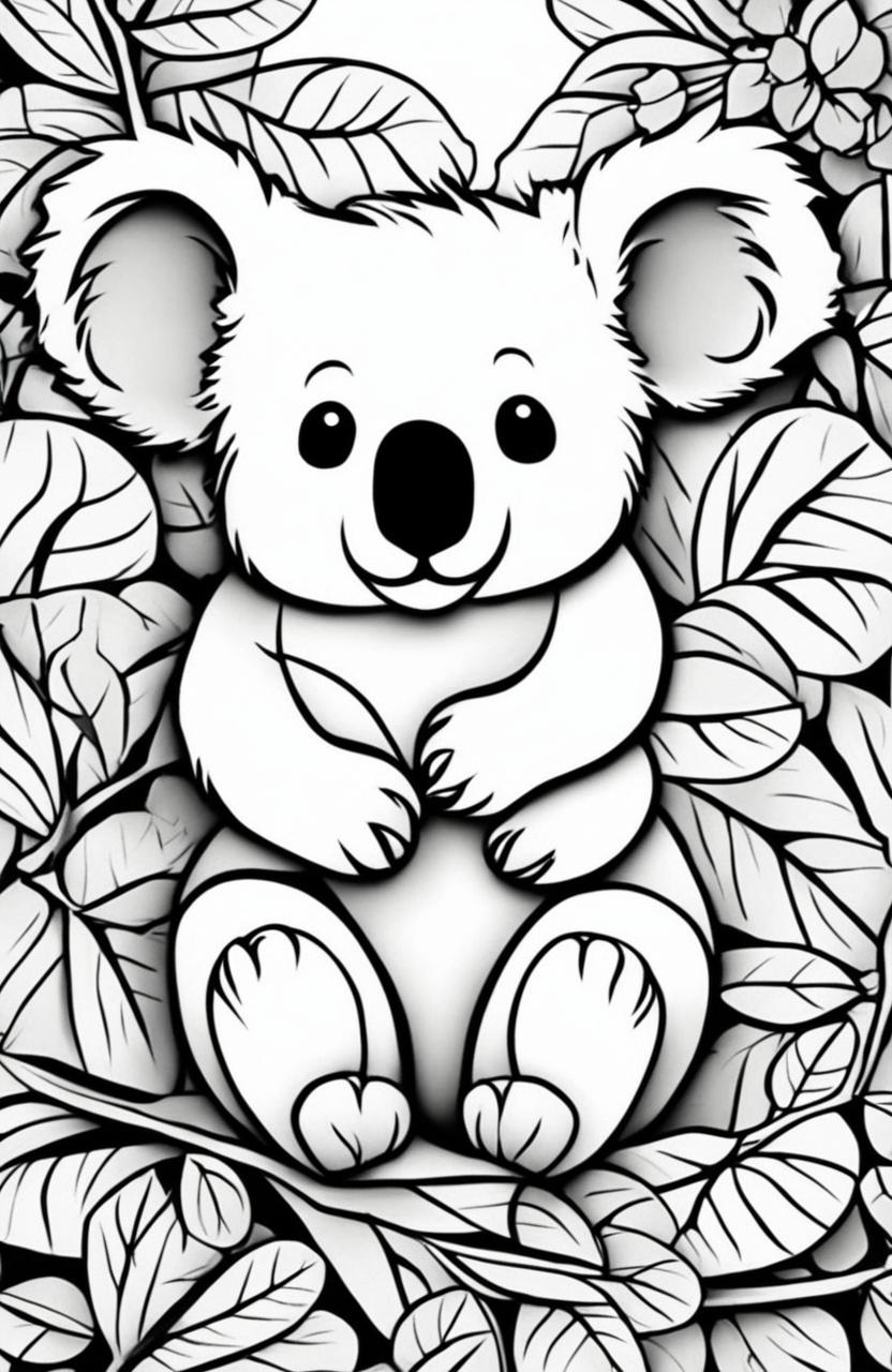 An even cuter koala is featured in this black and white digital art coloring page, inspired by the style of Wes Anderson