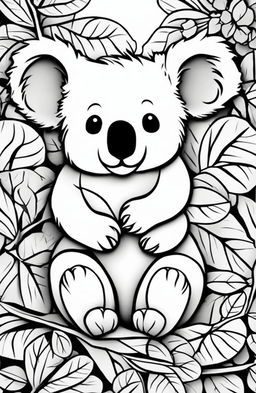 An even cuter koala is featured in this black and white digital art coloring page, inspired by the style of Wes Anderson