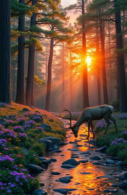 A serene and mystical forest landscape during sunrise, with vibrant hues of orange and pink lighting the sky