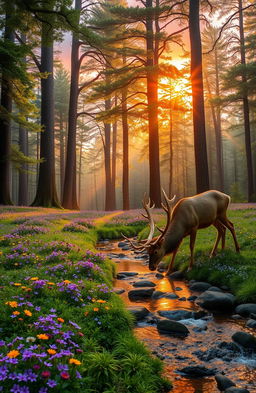 A serene and mystical forest landscape during sunrise, with vibrant hues of orange and pink lighting the sky