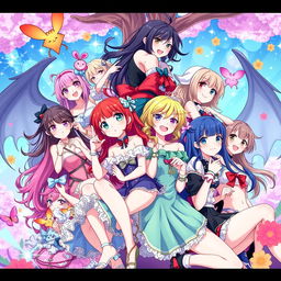 A vibrant and colorful illustration depicting a harem scene featuring multiple attractive characters in a fantastical setting