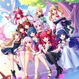 A vibrant and colorful illustration depicting a harem scene featuring multiple attractive characters in a fantastical setting